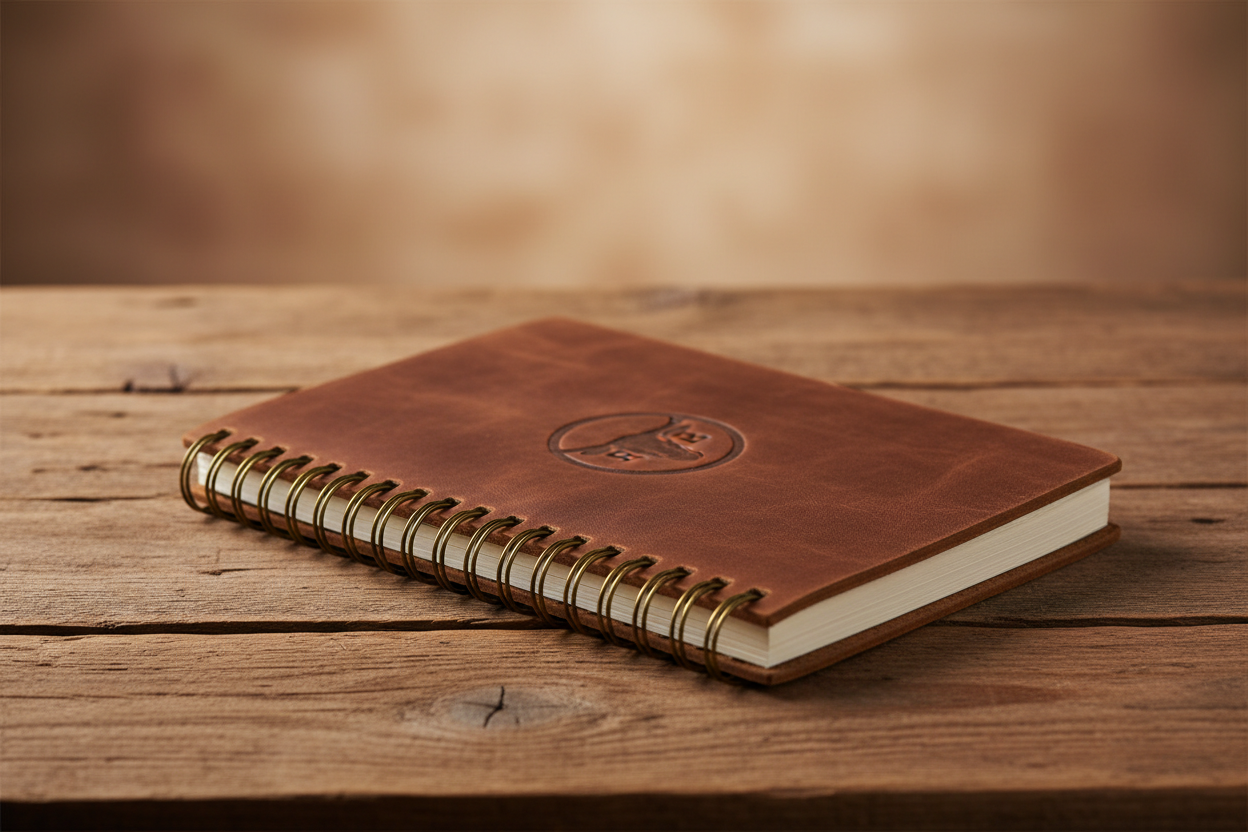 Closed brown leather RanchHand Daily Planner notebook on a rustic wooden table