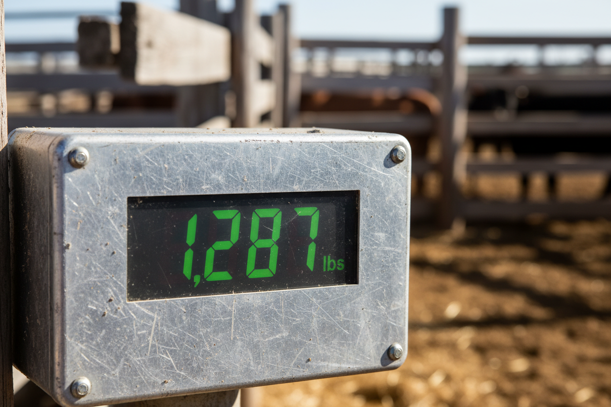 Digital indicator screen showing 1287 lbs with metal housing texture and blurred corral background