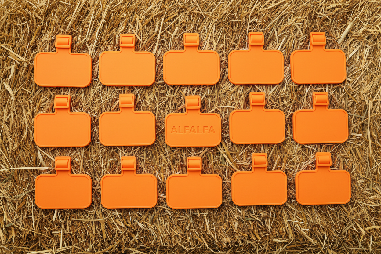 12 bright orange silicone hay bag tags laid in a grid on a hay bale with one tag reading ALFALFA