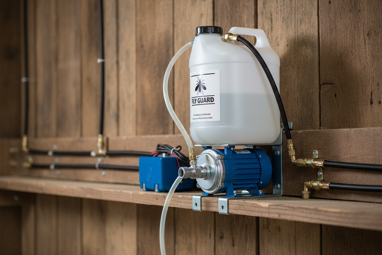 5-gallon fly control reservoir and 12V pump on barn shelf with tubing connected in clean installation