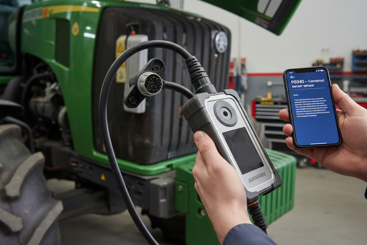 Handheld diagnostic tool plugged into tractor OBD port with phone showing P0340 camshaft sensor code and mechanic hand
