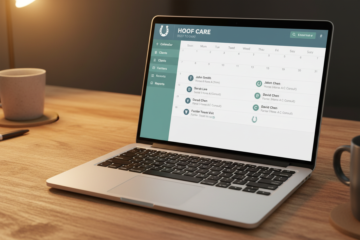 Laptop on wood desk showing hoof care scheduling calendar with farrier names and appointment dates