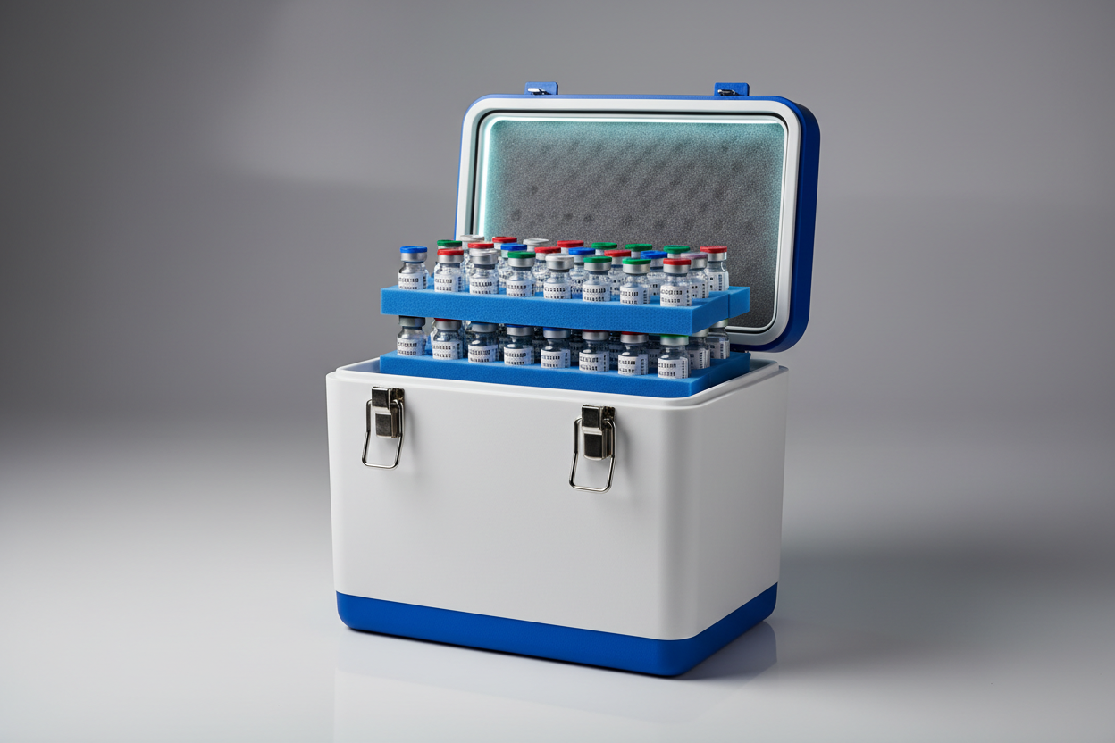 20-liter vaccine cooler open showing 30 labeled vaccine vials in foam holders with interior LED light
