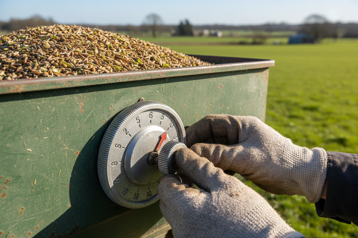 Pasture seeder sled hopper filled with seed with calibration dial and hands adjusting the setting