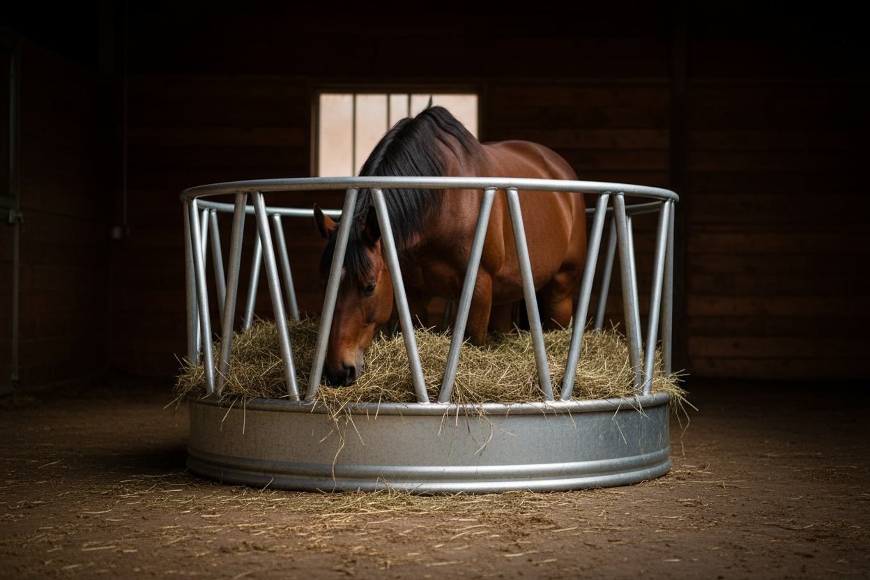 Heavy-duty steel hay feeder saver ring installed on round feeder with horse eating cleanly and no scattered hay