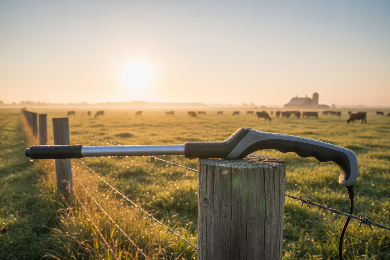 RFID livestock reader wand resting on wooden fence post with morning dew and warm golden sunrise light