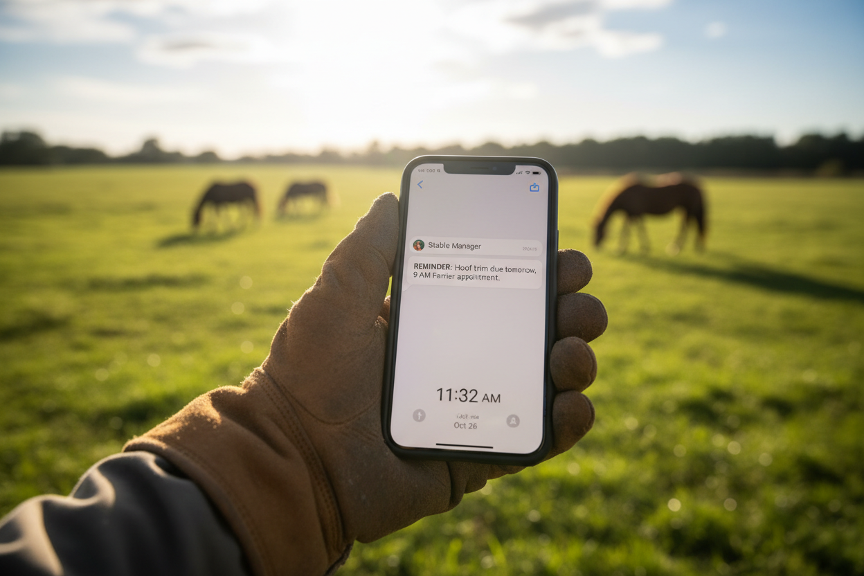 Gloved hand holding smartphone showing hoof trim SMS reminder with blurred pasture background
