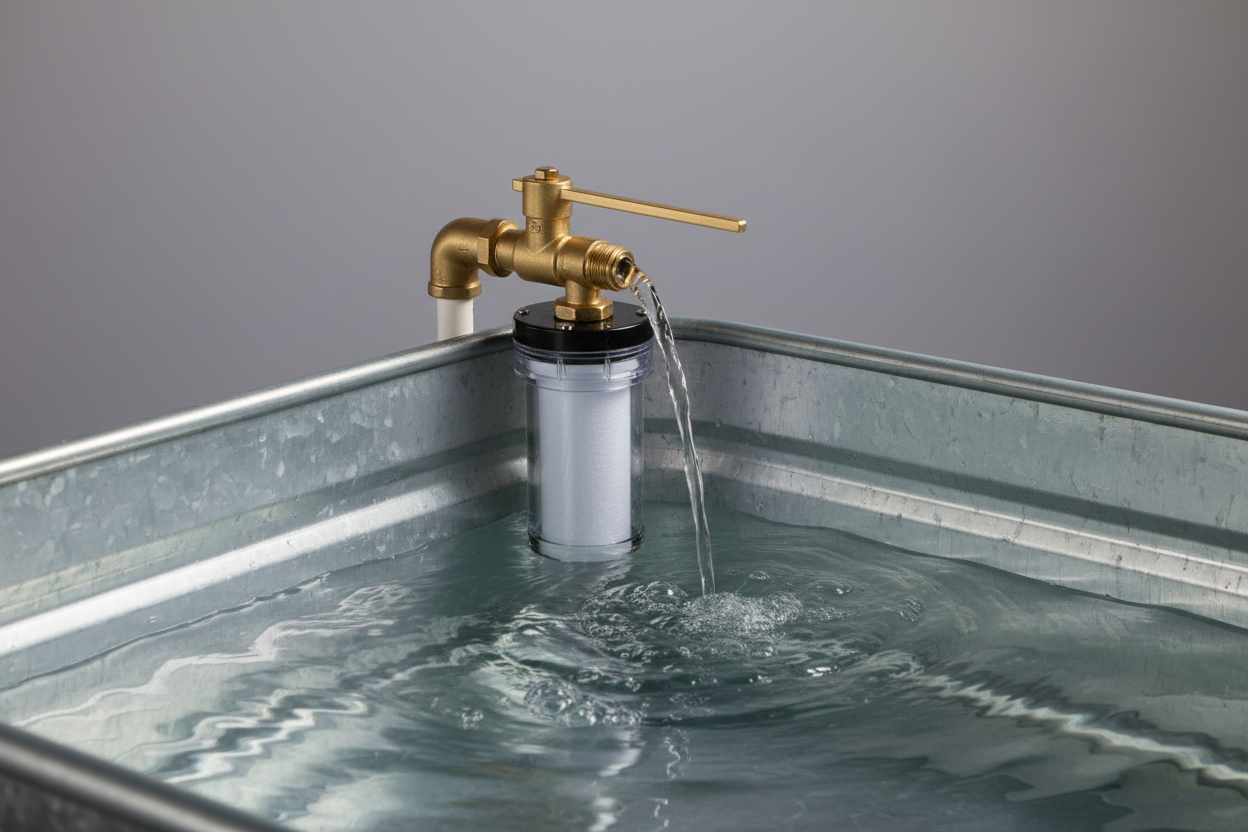 Brass float valve with sediment filter installed in a stock water trough with clean water flowing