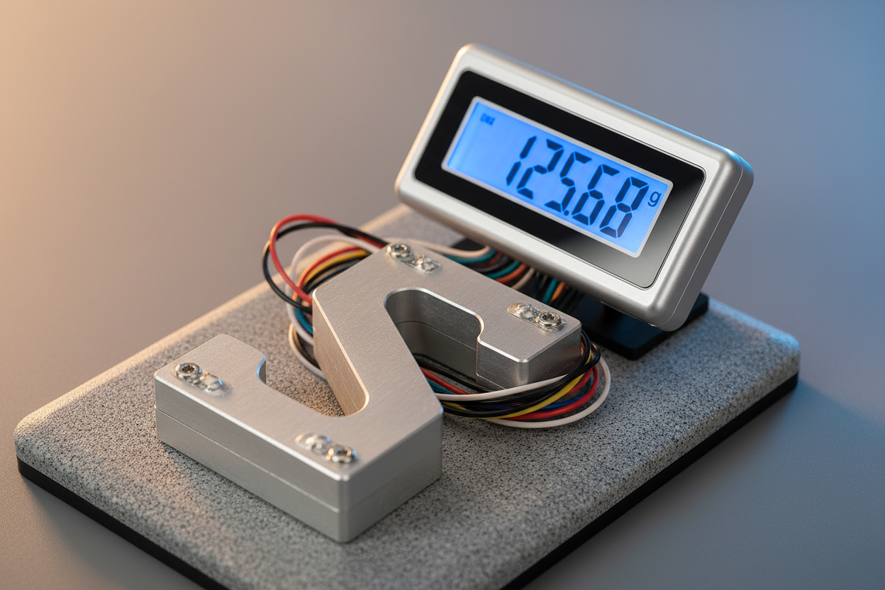 Close-up of digital scale load cell and LCD weight readout with metal and plastic texture detail