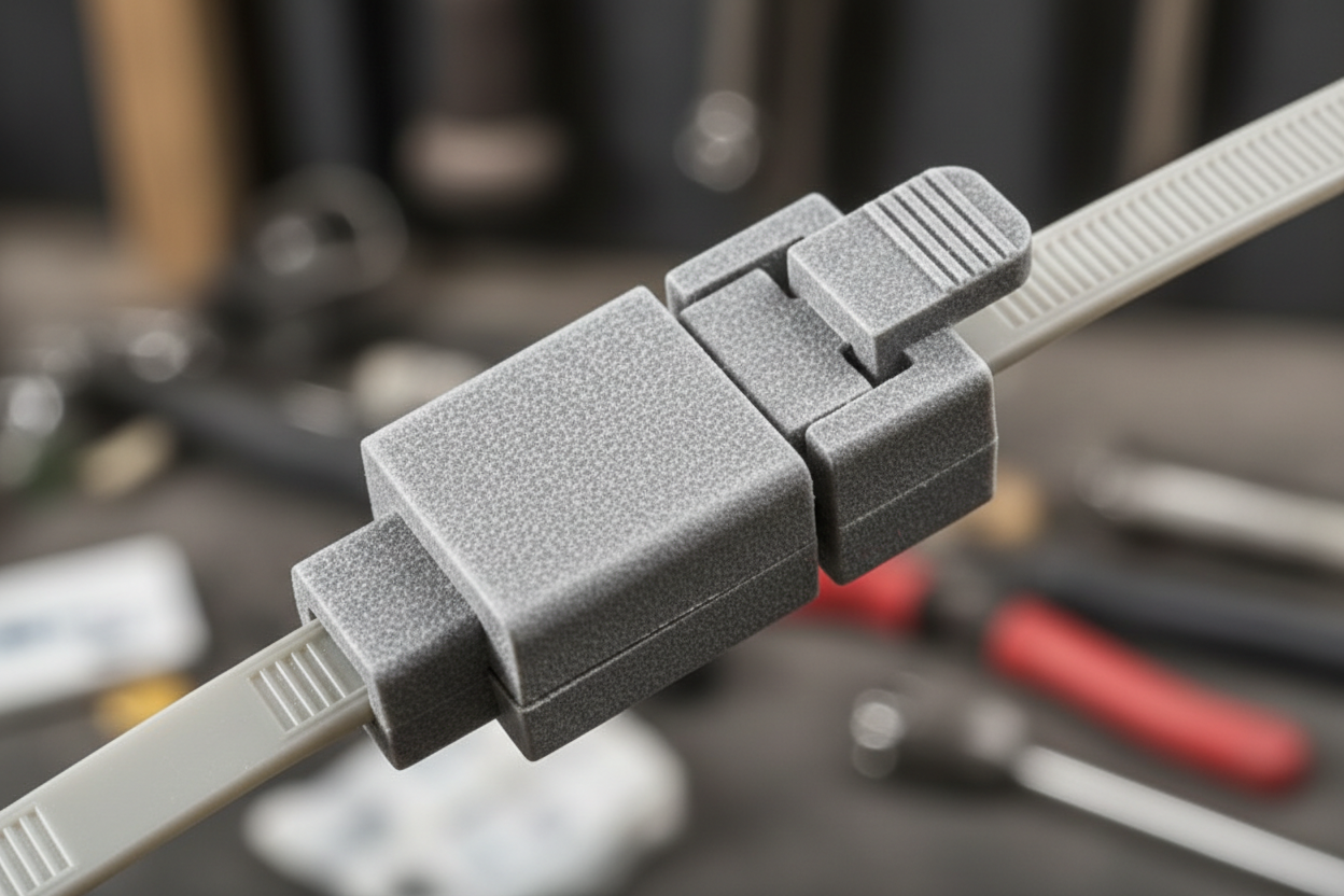 Close-up of reusable cable tie snap mechanism showing plastic texture with shallow depth of field