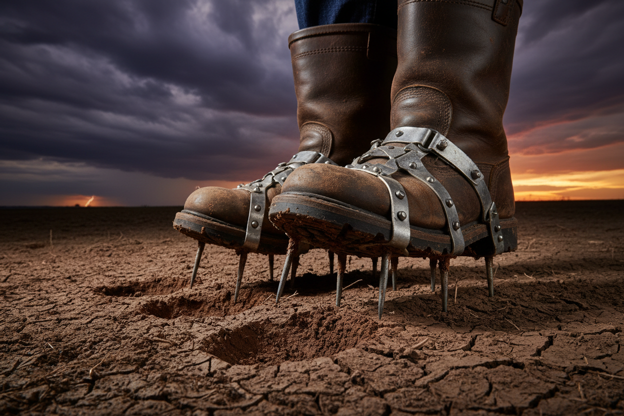 Work boots wearing steel spike aeration sandals on dry compacted pasture with spike imprints in soil and dramatic sky