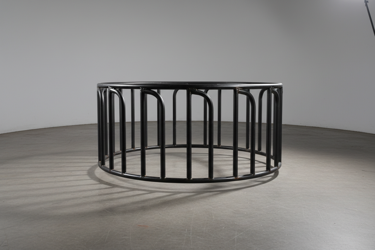 Powder-coated steel hay feeder saver ring on concrete floor showing 3/8 inch round bar weld details