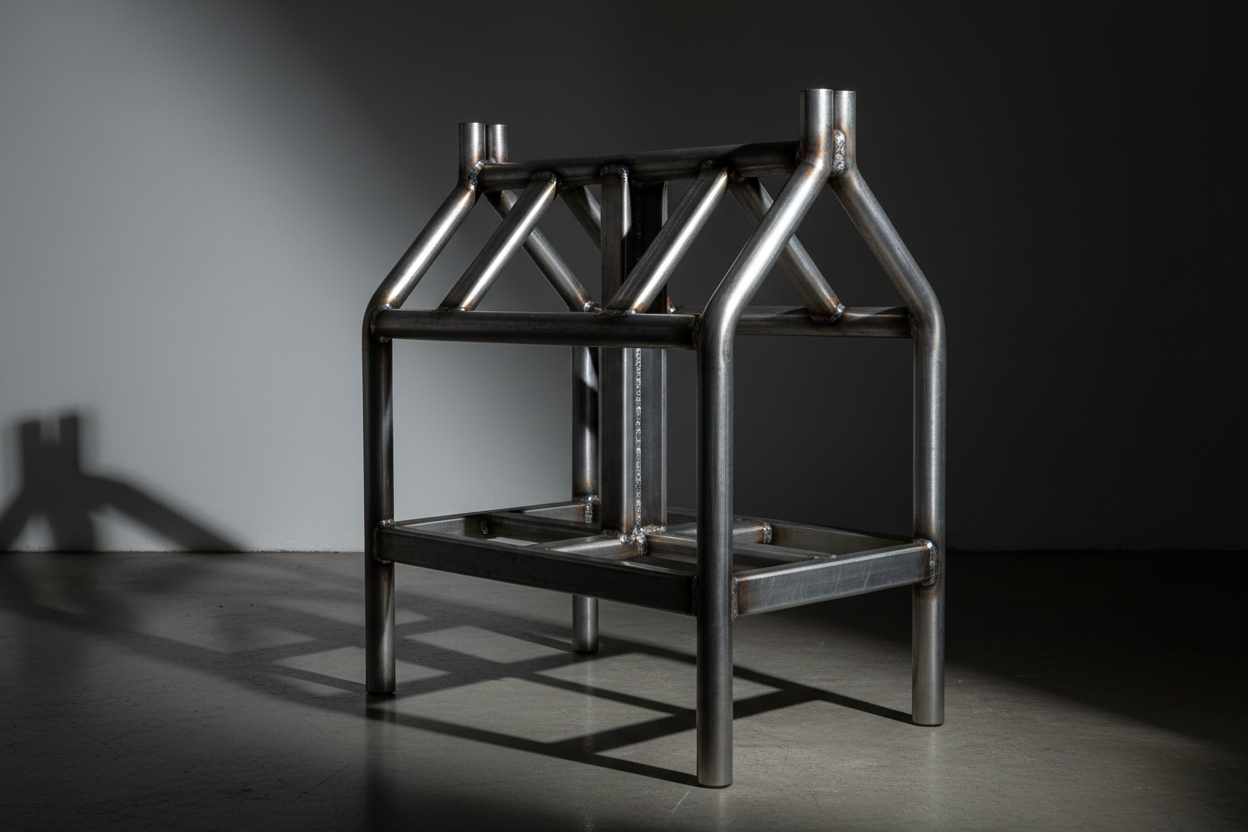 Empty heavy-duty saddle rack showing brushed steel texture and shadow detail under studio lighting