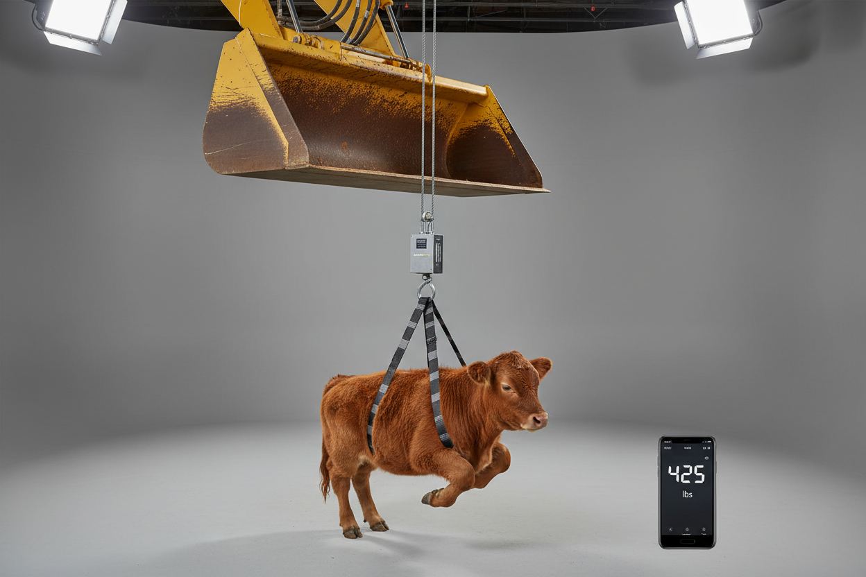 Load cell suspended between tractor bucket and sling holding a calm red calf with 425 lbs weight reading on phone overlay