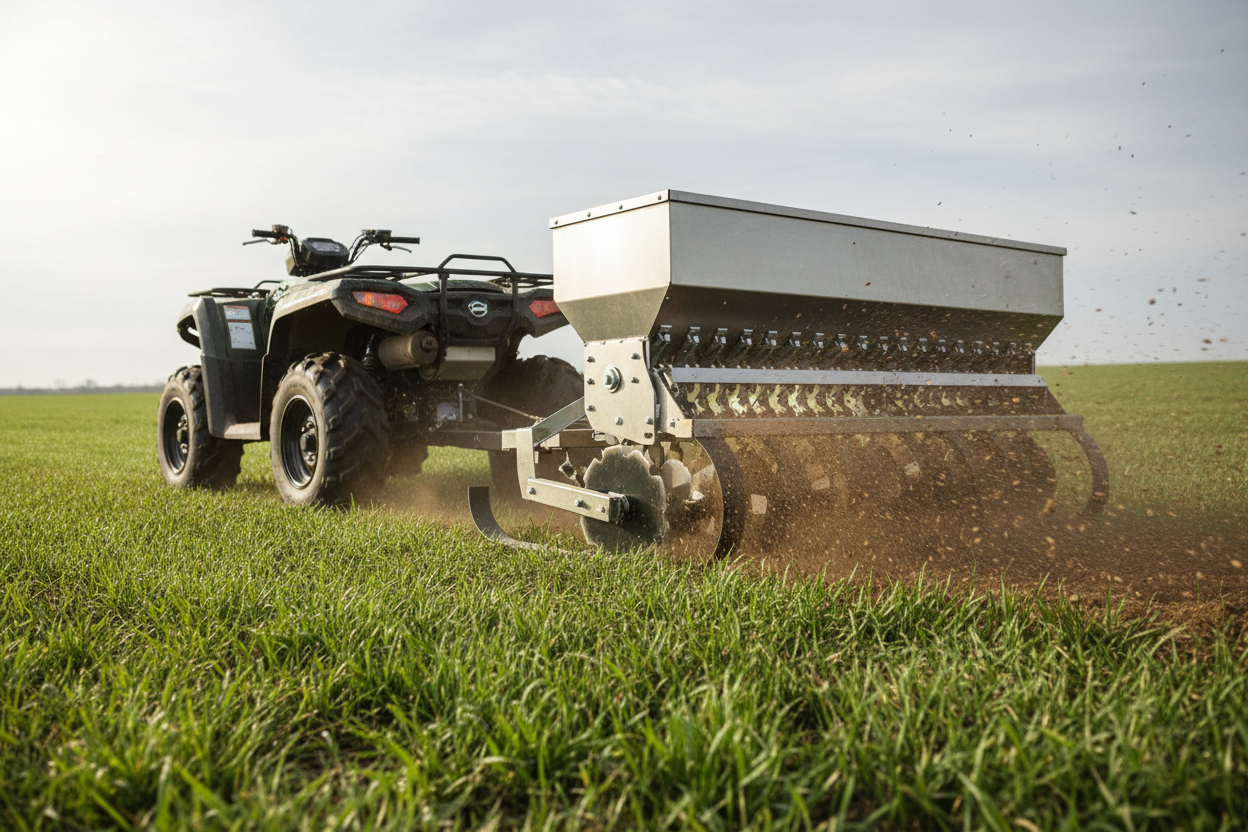 Steel pasture seeder sled towed behind ATV with seed cloud dispersing behind on green grass pasture