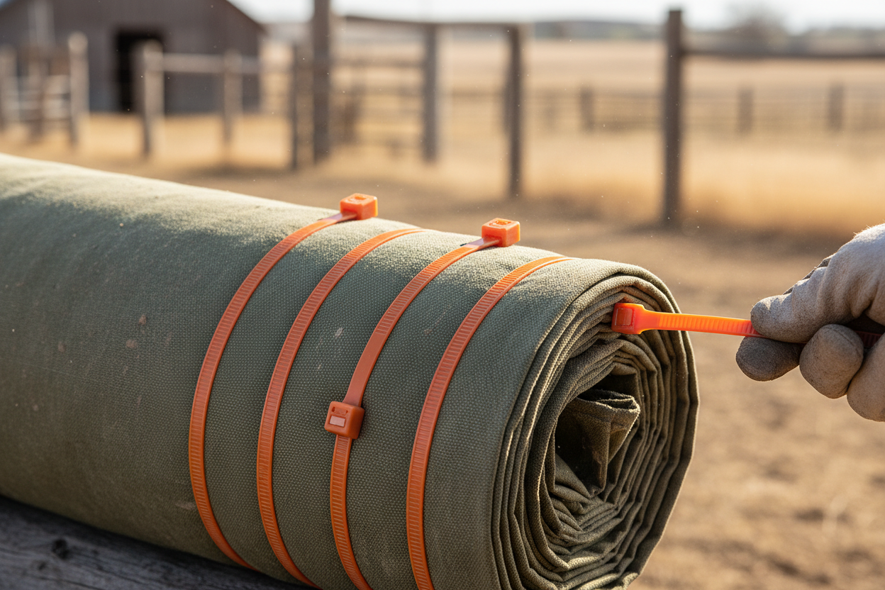 Five orange reusable cable ties fastened around a rolled-up tarp with a hand releasing one