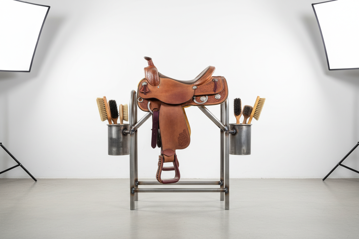 Western saddle on heavy-duty steel rack with brushes in holders against a white studio background