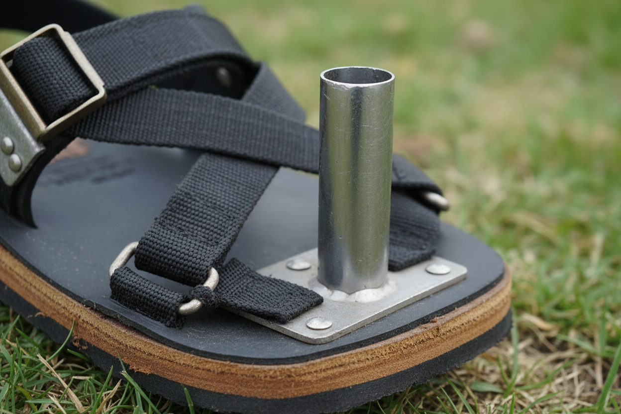Close-up of hollow-core steel spike and nylon strap mechanism on aeration sandal with shallow depth of field