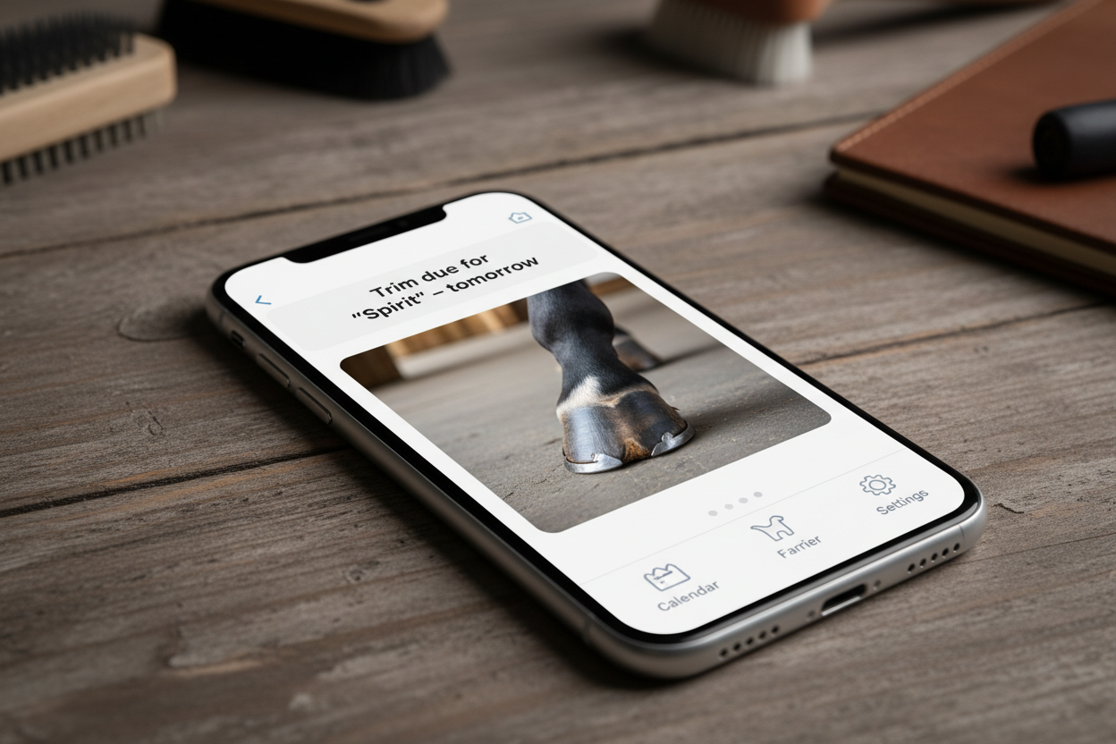 Smartphone showing trim due for Spirit tomorrow notification with hoof photo displayed below on ranch wood desk