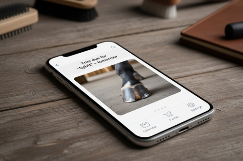 Smartphone showing trim due for Spirit tomorrow notification with hoof photo displayed below on ranch wood desk