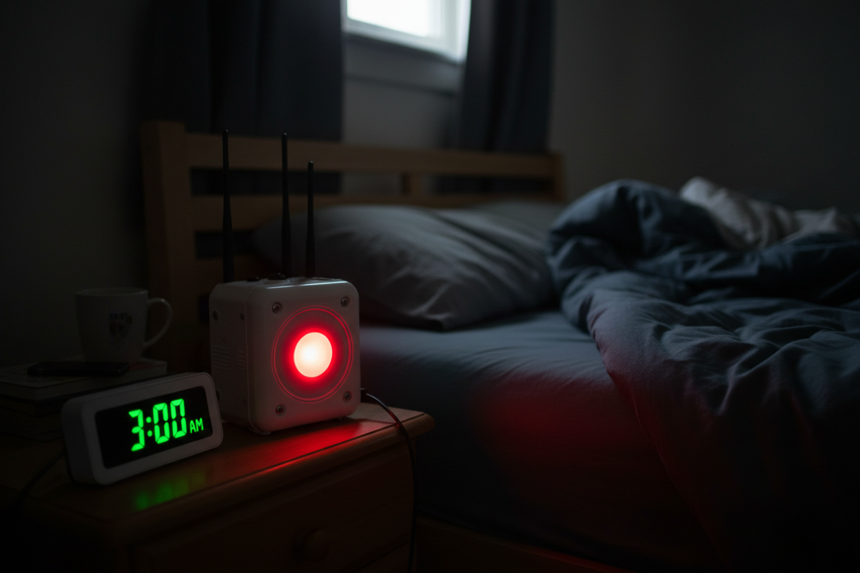 Calving alarm base station on a nightstand with red LED glowing and clock showing 3:00 AM in soft shadows