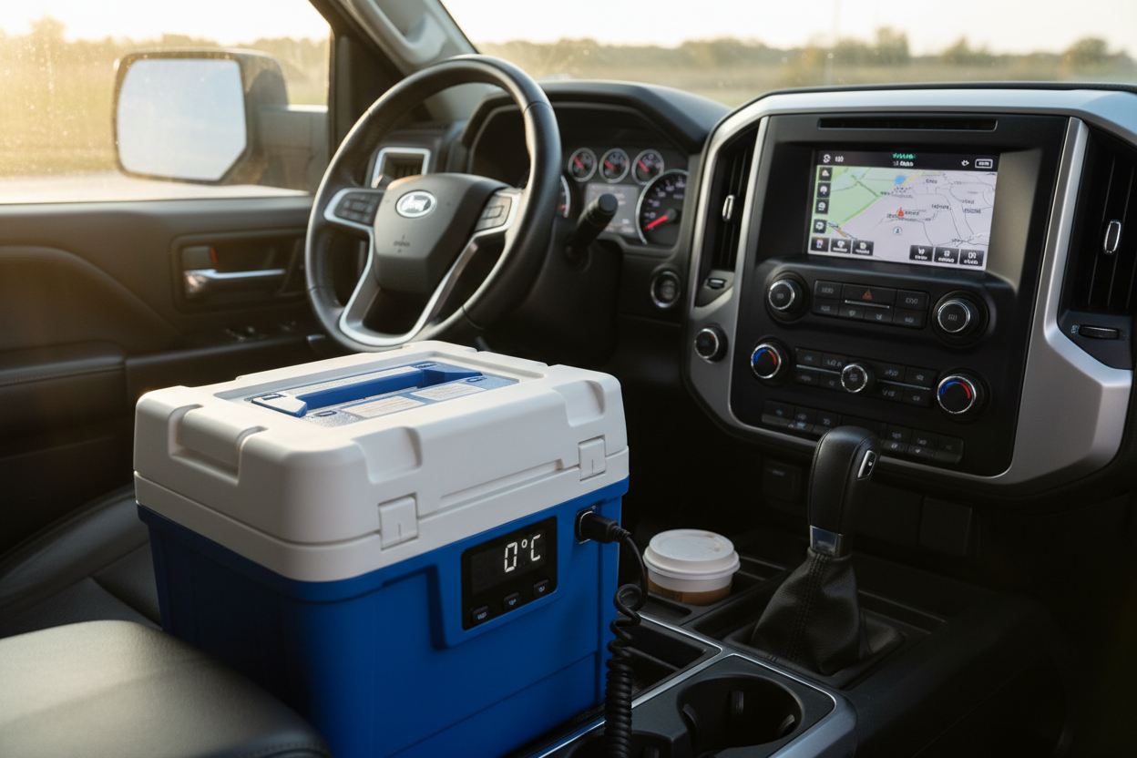 Portable vaccine cooler plugged into truck cab 12V outlet with dashboard and steering wheel visible in afternoon light