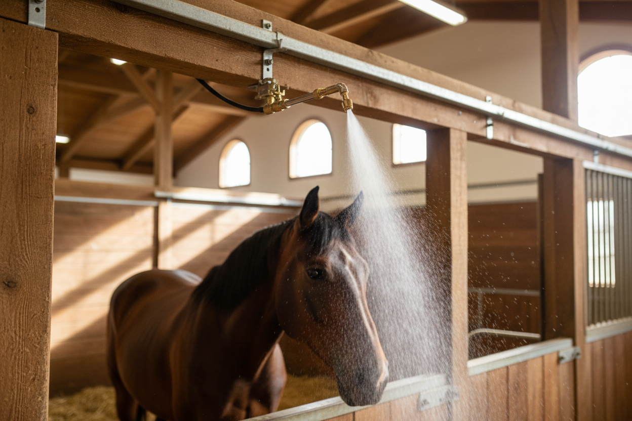 Fly control misting nozzle mounted on barn rafter spraying fine mist with horse below in bright barn interior