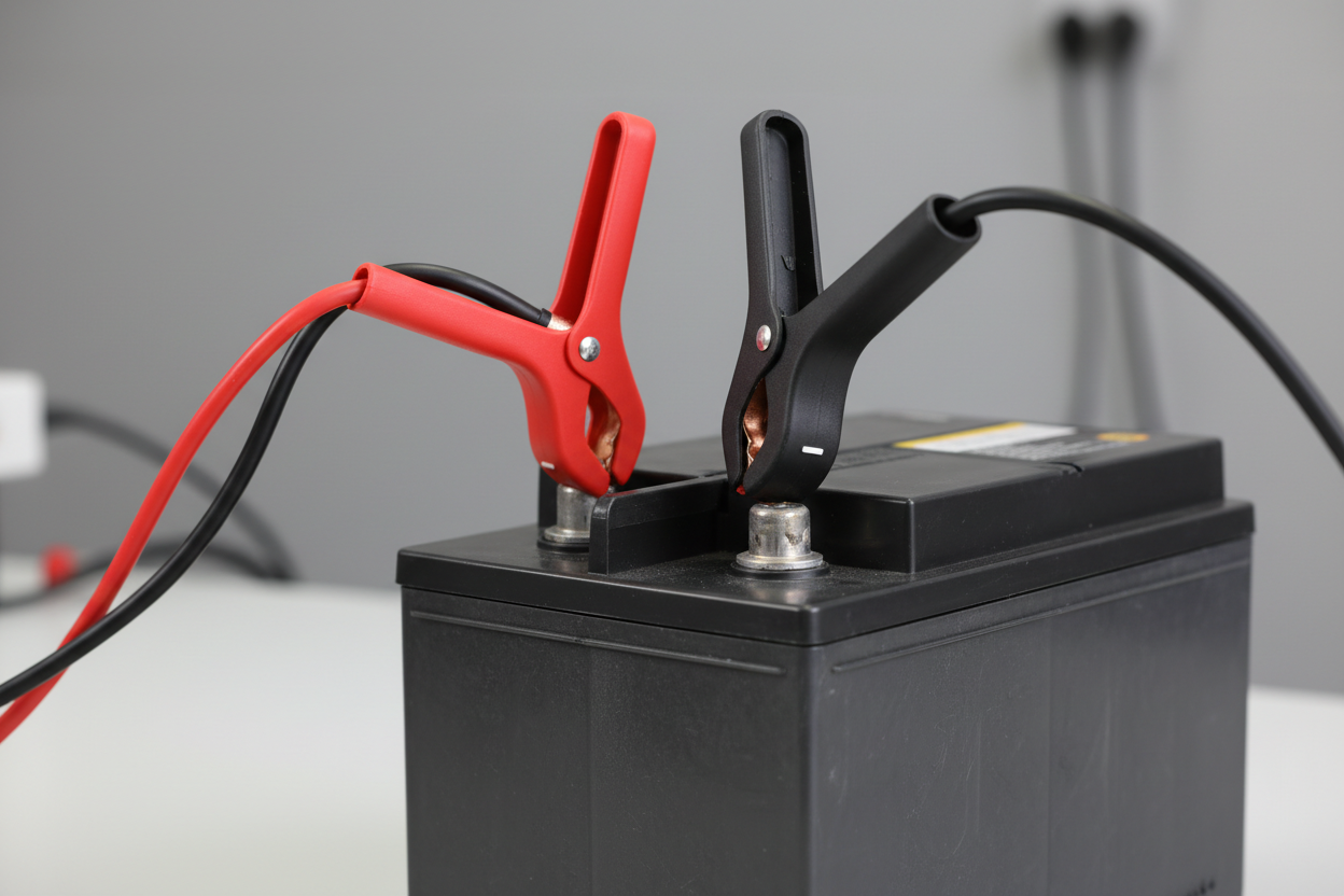 Battery tester clamps attached to truck battery terminals under clean studio lighting