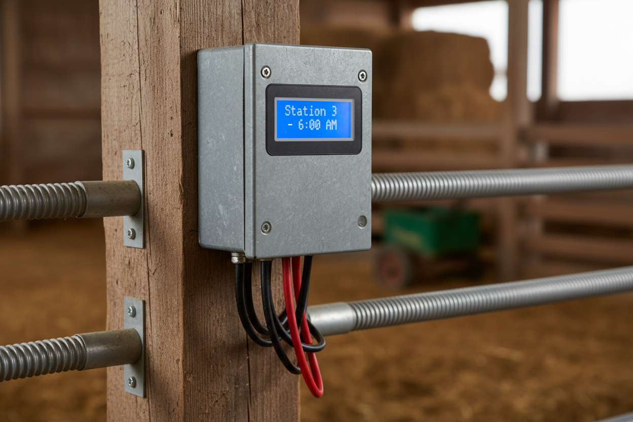 Gray weatherproof control box mounted on barn post with LCD screen showing Station 3 6:00 AM and wires going to feeder tubes