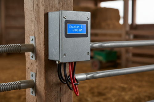 Gray weatherproof control box mounted on barn post with LCD screen showing Station 3 6:00 AM and wires going to feeder tubes