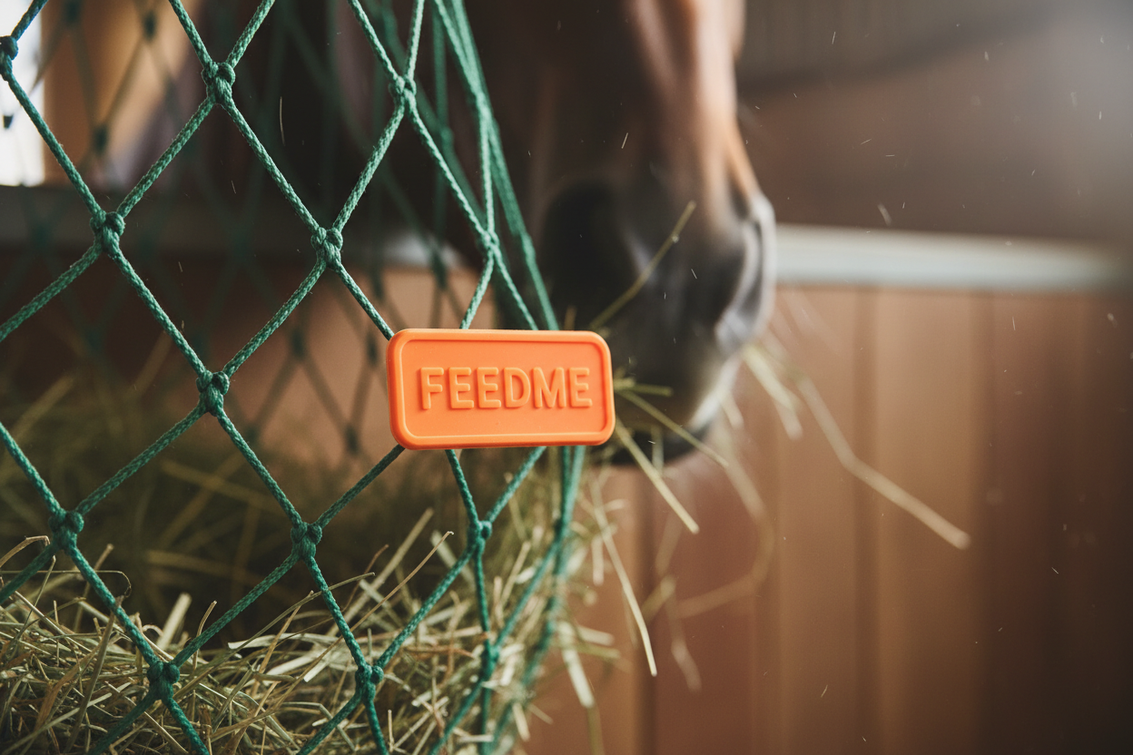 Orange silicone tag clipped to a hay net with a blurred horse muzzle in the background and soft barn light