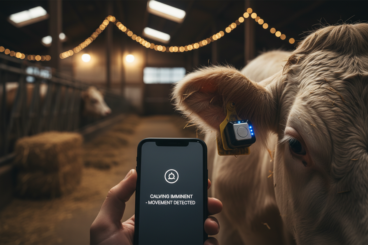 Calving sensor on a cow ear tag with smartphone showing calving imminent notification in a barn night scene