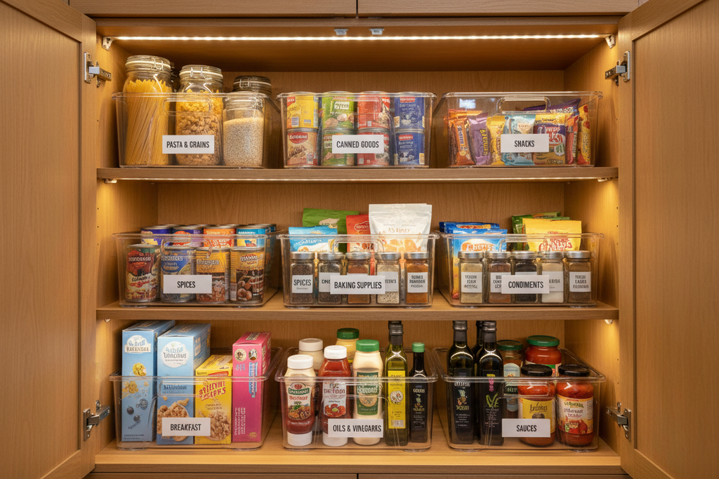 Open first aid cabinet showing neatly organized shelves with labeled bins and bright LED interior lighting