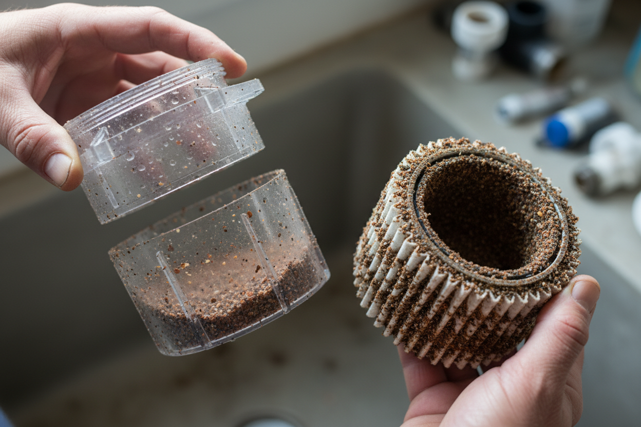 Sediment filter disassembled showing debris inside with hands holding the components in natural light