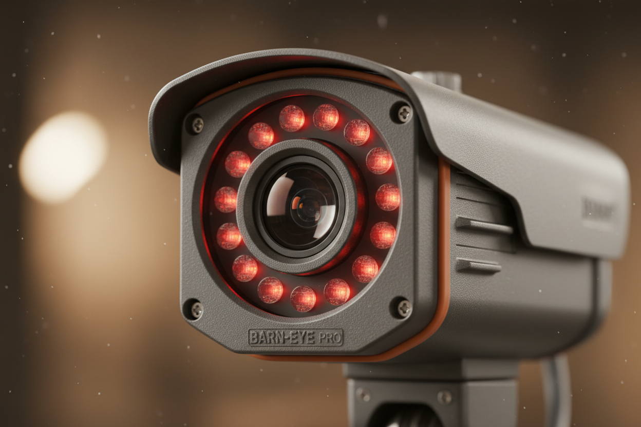 Close-up technical shot of weatherproof barn camera lens and IR LED array with housing detail
