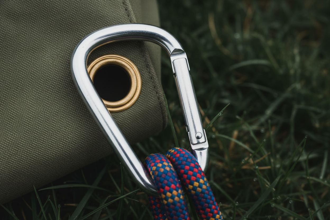 Close-up of metal carabiner clipped to tarp grommet with shallow depth of field and green grass background
