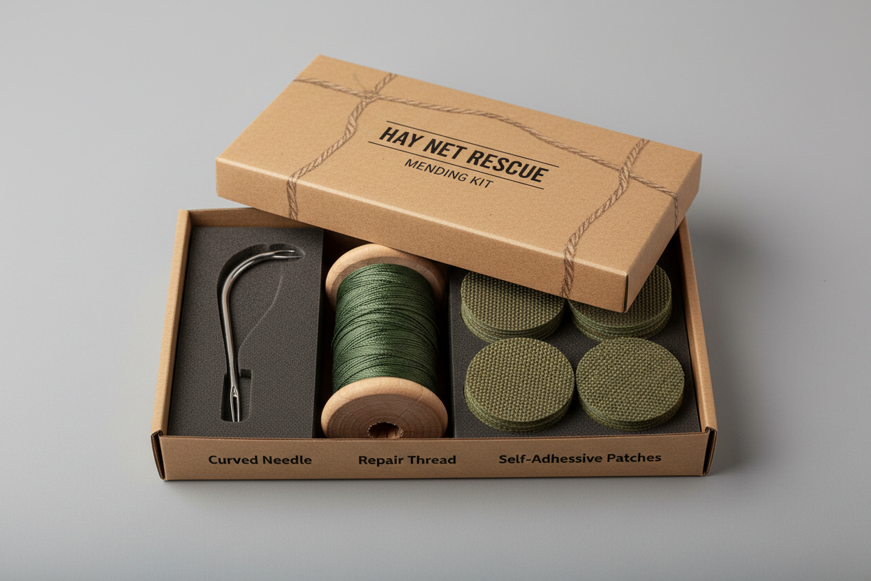 Hay net mending kit box open showing curved needle, thread spool and self-adhesive patches in product shot