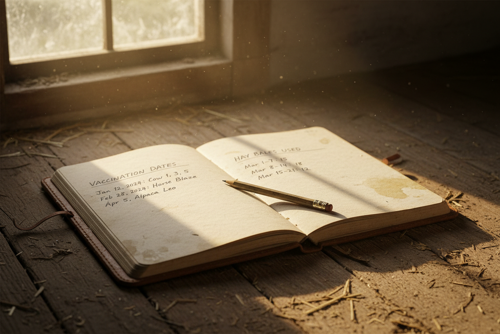Open RanchHand Daily Planner showing handwritten vaccination dates and hay bale records in barn light