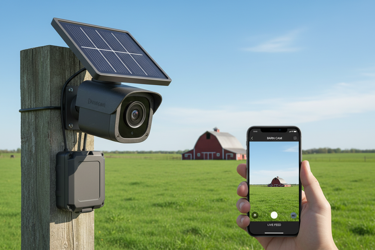 Weatherproof barn camera on post overlooking pasture with solar panel attached and phone showing live view app