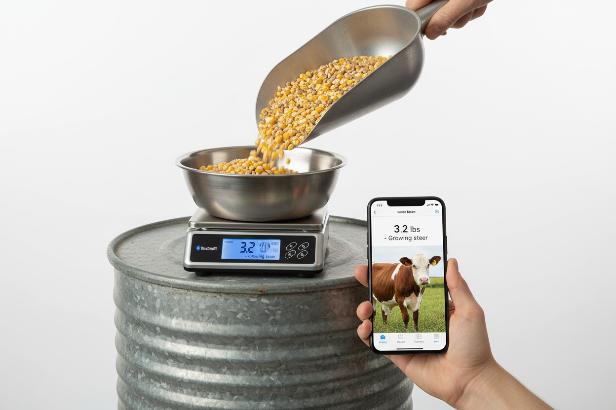 Bluetooth scale bowl on feed bin with phone showing 3.2 lbs growing steer and grain scoop pouring