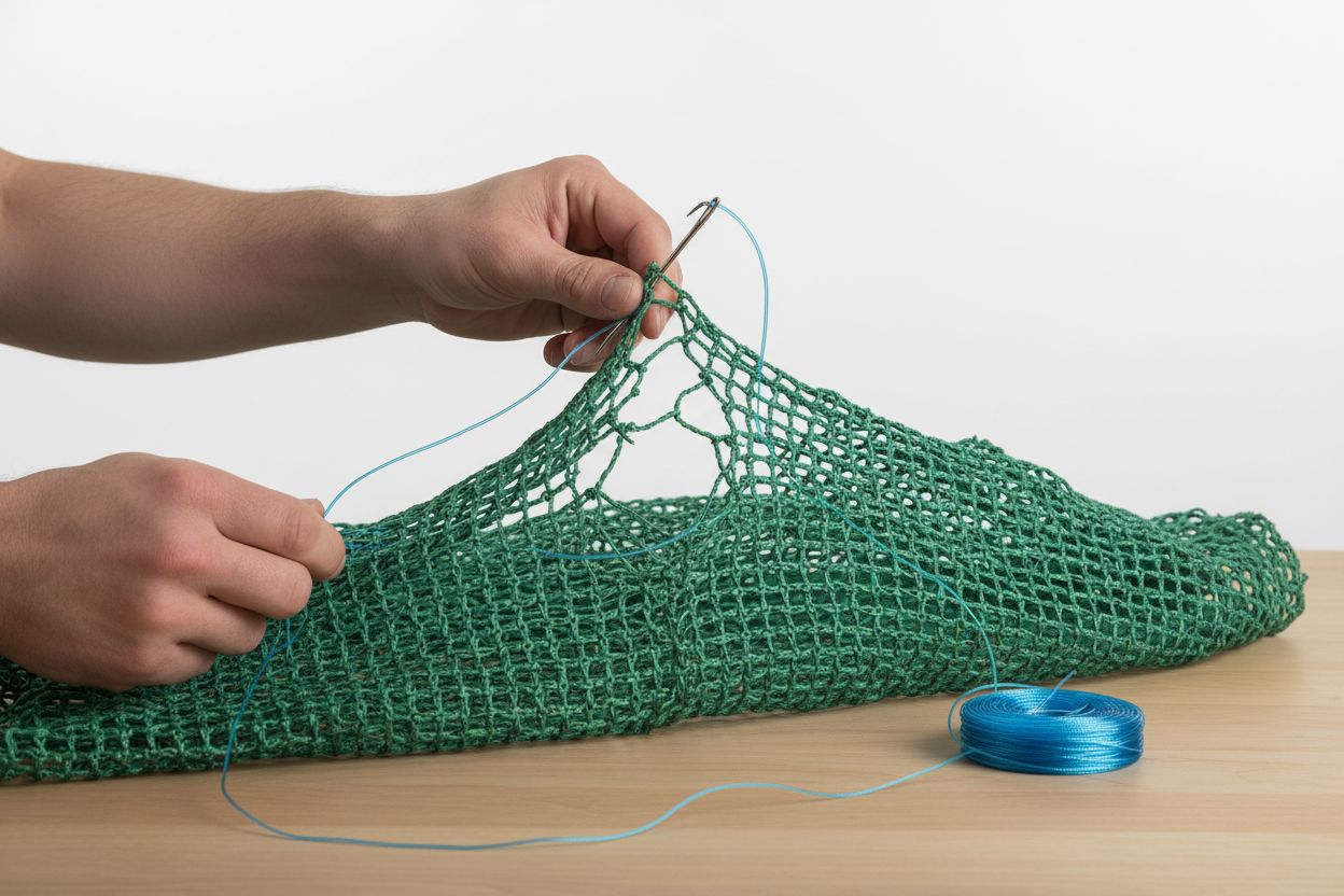 Curved needle and UV nylon thread mending a torn hay net with hands in frame on clean studio background