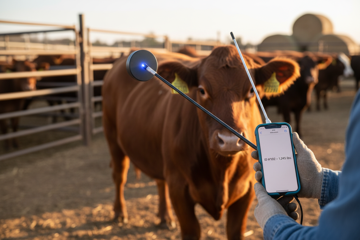 RFID livestock reader wand pointed at a cow ear tag with phone showing ID 102 and 1245 lbs in feedlot background