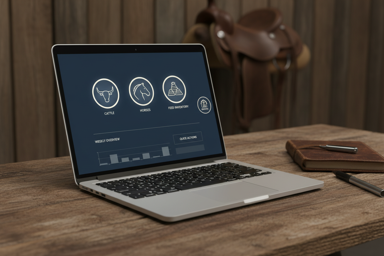 Laptop on ranch wood desk showing livestock management dashboard with cattle, horses, and feed inventory icons